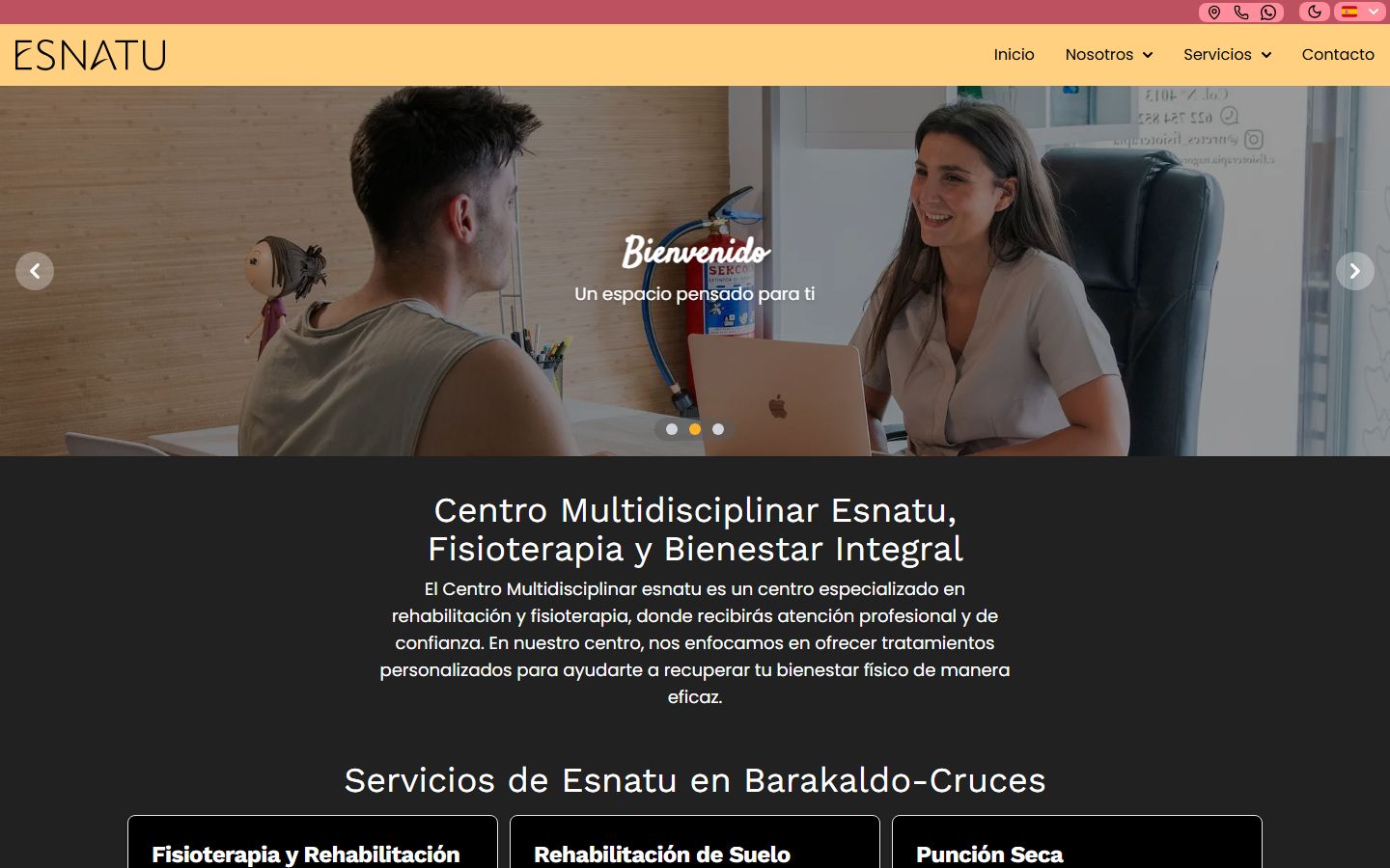 Página de inicio de la web del Centro Multidisciplinar Esnatu en ordenador